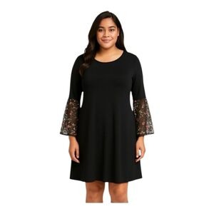 New Prelude Women's Plus Midi Black Bell Sleeve Sheer Straight Dress 2X